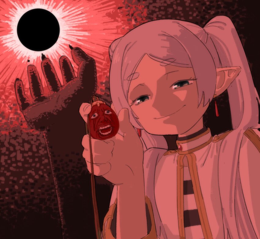 1girl, behelit, berserk, closed_mouth, conrad_(berserk), disembodied_hand, earrings, eclipse, frieren, fubarmoe, green_eyes, hand_up, highres, holding, holding_jewelry, holding_necklace, jewelry, long_hair, looking_at_viewer, necklace, pointy_ears, short_eyebrows, slan_(berserk), smile, solo, sousou_no_frieren, twintails, ubik_(berserk), void_(berserk), white_hair