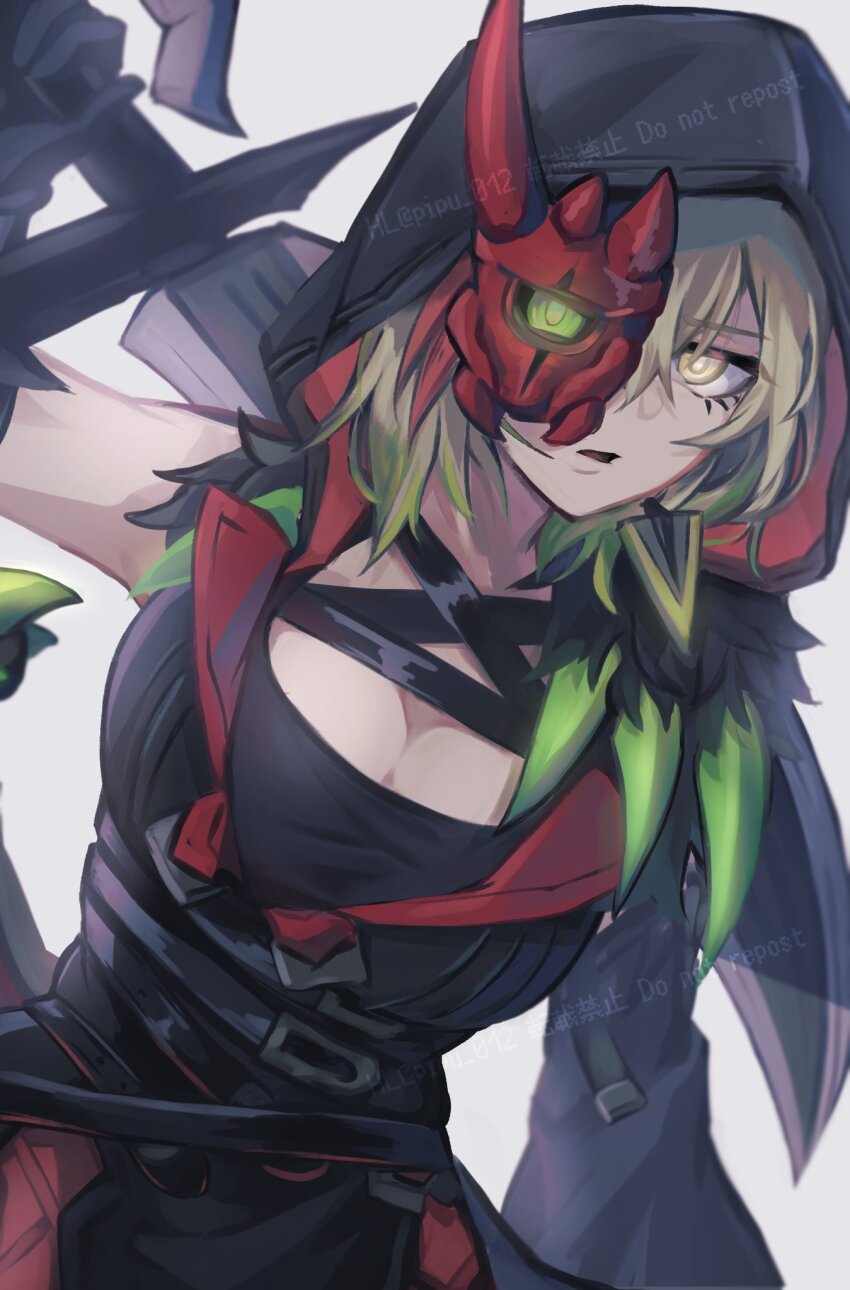 1girl, black_gloves, breasts, cleavage, colored_tips, detached_sleeves, diabellstar_the_black_witch, duel_monster