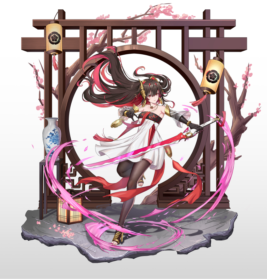 1girl, absurdres, armlet, black_dress, black_gloves, black_hair, black_thighhighs, bracelet, colored_inner_hair, detached_sleeves, dress, earrings, elbow_gloves, fake_horns, gloves, gold_armlet, gold_bracelet, gold_horns, hair_between_eyes, highres, holding, holding_sword, holding_weapon, horns, jewelry, long_hair, lucia:_plume_(eventide_glow)_(pgr), lucia_(pgr), multicolored_hair, punishing:_gray_raven, red_eyes, red_hair, see-through_clothes, see-through_sleeves, solo, sword, thighhighs, two-tone_dress, user_vjez2775, vase, weapon, white_dress