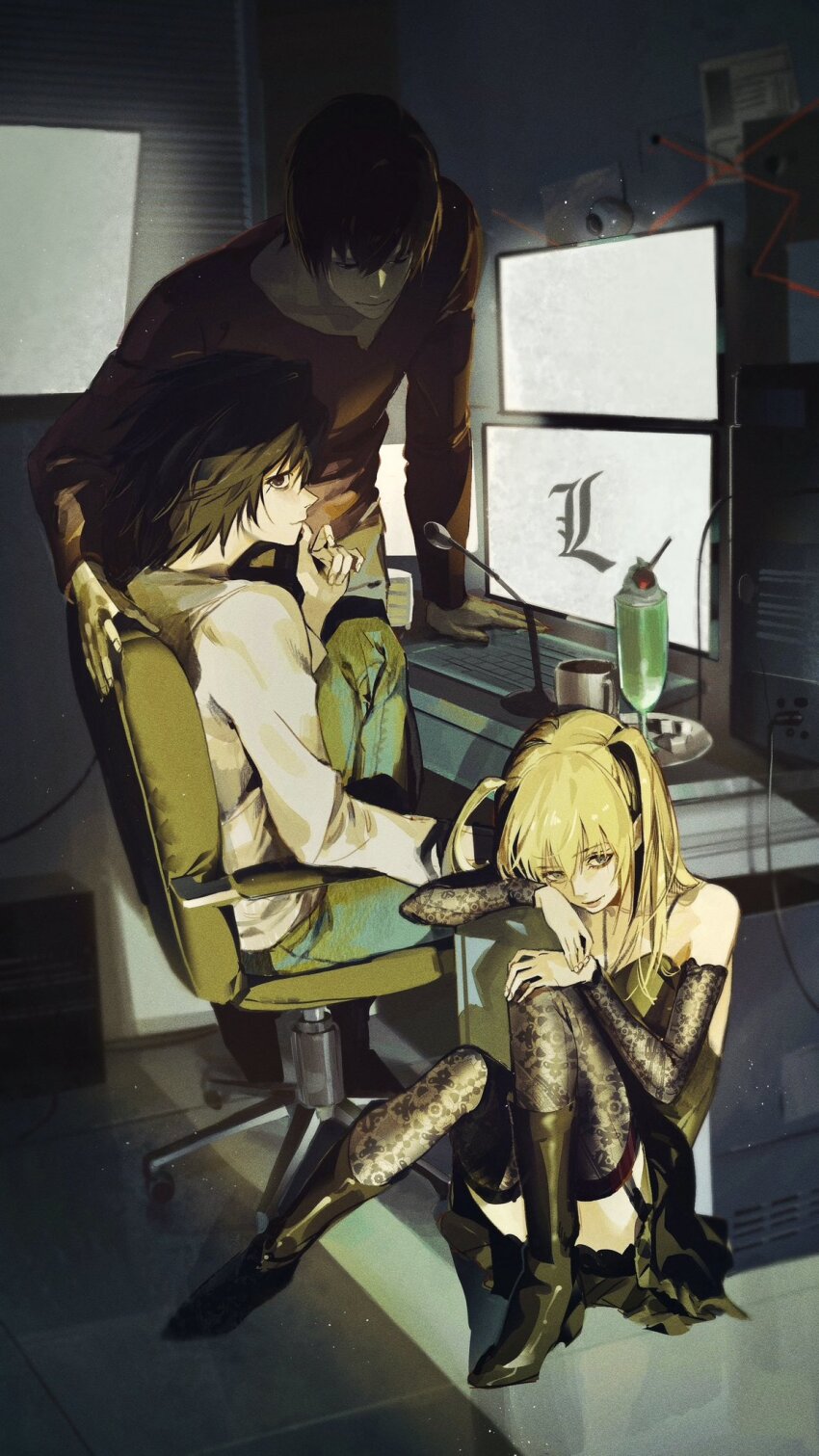 1girl, 2boys, amane_misa, bare_shoulders, black_dress, black_eyes, black_hair, blonde_hair, blue_eyes, boots, brown_hair, chair, computer, computer_keyboard, cup, death_note, denim, desk, doodoopi4, dress, food, garter_straps, goth_fashion, high_heel_boots, high_heels, highres, indoors, jeans, jewelry, l_(death_note), lace, lace_legwear, lace_sleeves, lace_thighhighs, leaning_forward, microphone, mug, multiple_boys, necklace, pants, parfait, plate, short_hair, sitting, standing, thighhighs, two_side_up, yagami_light