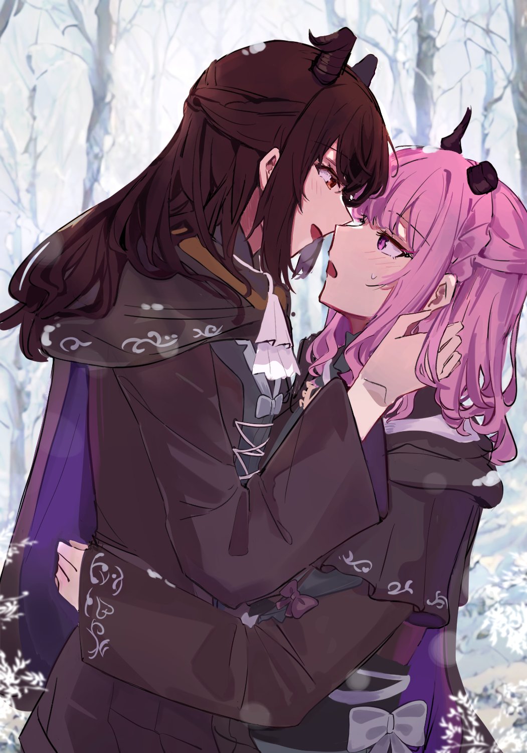 1girl, 1other, akiyama_mizuki, androgynous, blush, boku_no_ashiato_kimi_no_yukusaki_(project_sekai), broken_horn, brown_eyes