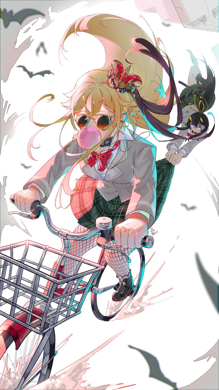 absurdres, airborne, bat_(animal), bicycle, chewing_gum, cloud, ellie_(housamo), highres