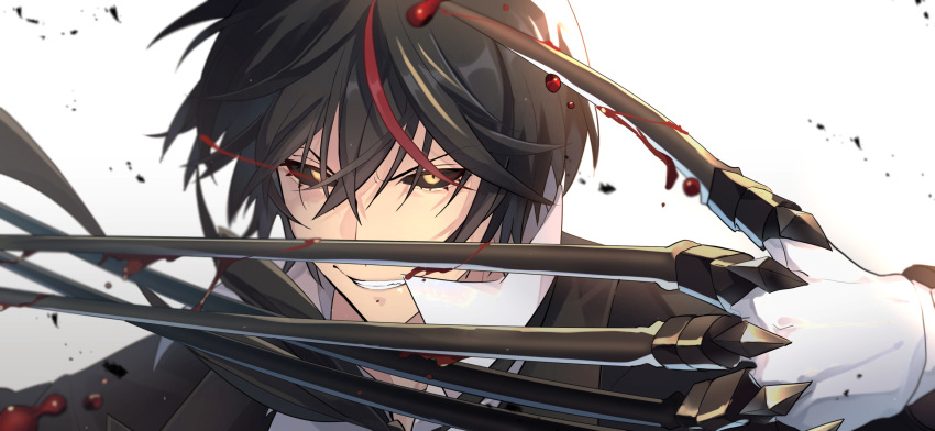 1boy, black_hair, black_sclera, blood, claw_(weapon), colored_sclera, diablo_(tensura), gloves
