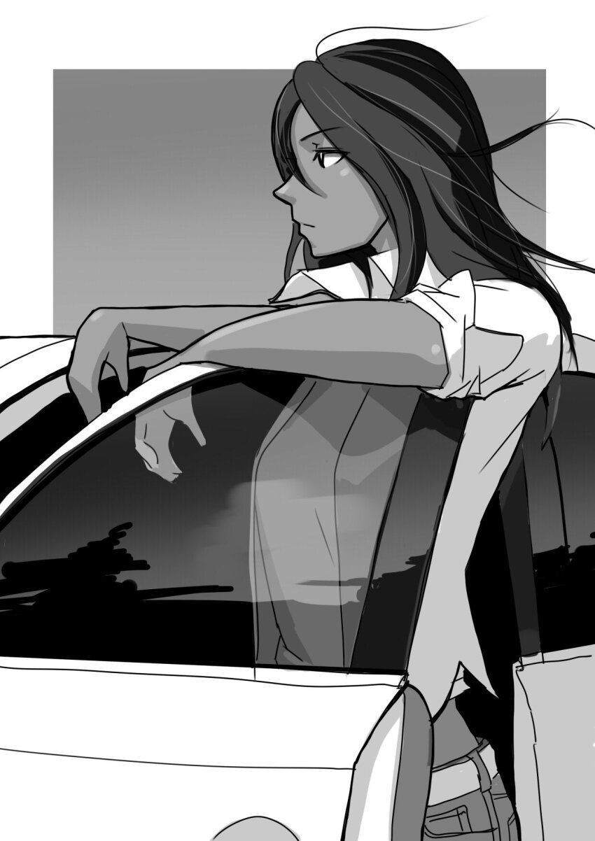 1girl, 959, belt, border, car, collared_shirt, dark-skinned_female, dark_skin