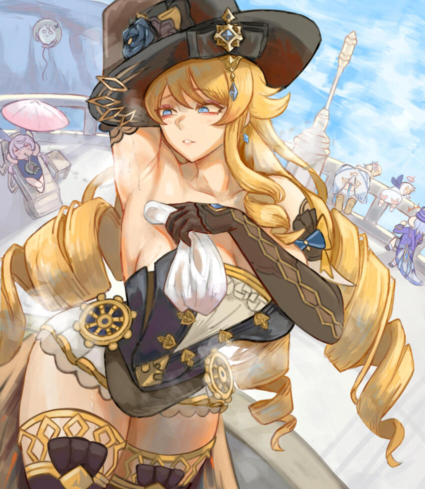 5girls, arm_up, armpits, ass, balloon, black_dress, black_gloves, black_hat