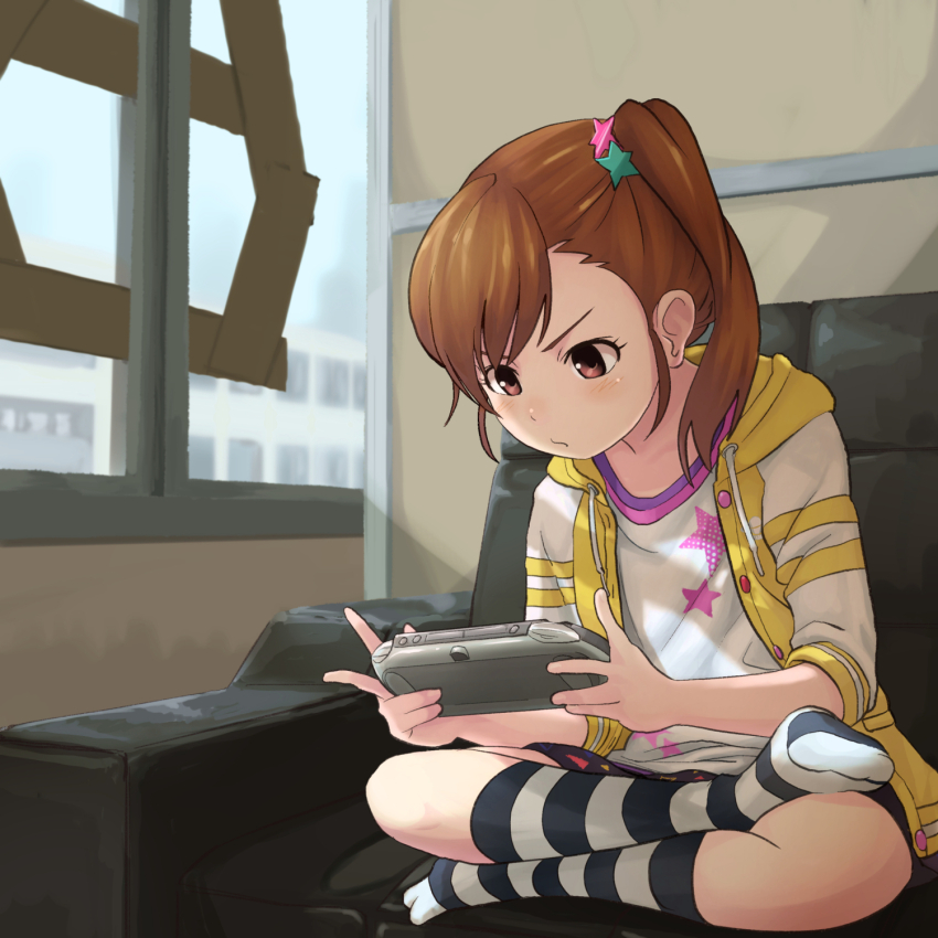 1girl, blush, brown_eyes, brown_hair, closed_mouth, commentary, couch, day, full_body, futami_mami, handheld_game_console, highres, holding, holding_handheld_game_console, hood, hood_down, hooded_jacket, idolmaster, idolmaster_(classic), indian_style, indoors, jacket, jojifuku, kneehighs, light_rays, looking_down, mappy_(minogue), medium_hair, no_shoes, on_couch, open_clothes, open_jacket, playing_games, playing_video_games, playstation_vita, print_shirt, shirt, side_ponytail, sitting, socks, solo, star_(symbol), star_print, striped_clothes, striped_socks, sunbeam, sunlight, v-shaped_eyebrows, white_shirt, window