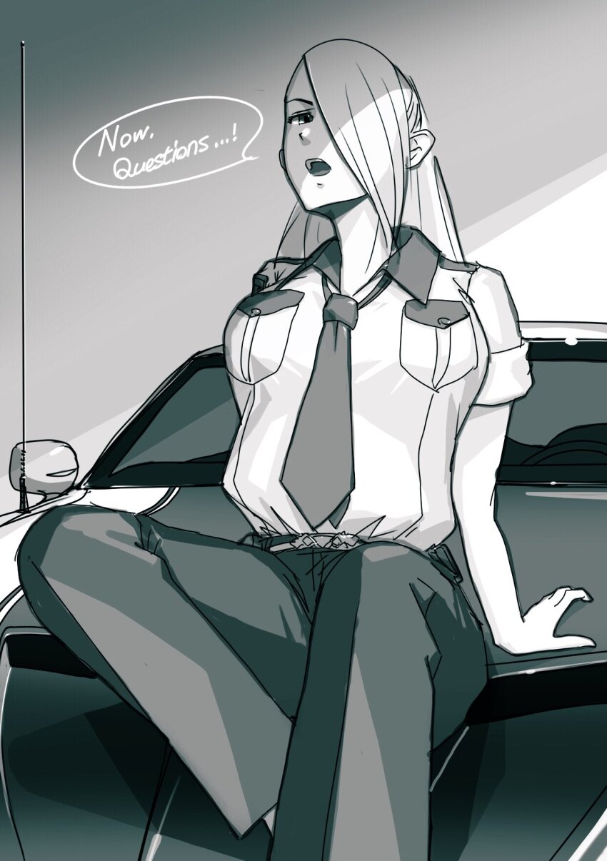 1girl, 959, belt, breasts, car, collared_shirt, english_text, hair_behind_ear