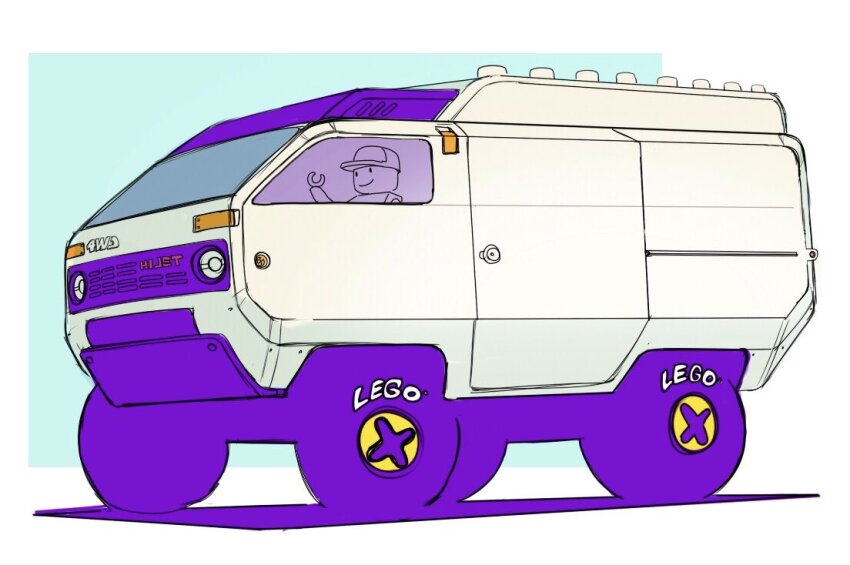 959, blue_background, car, copyright_name, daihatsu, daihatsu_hijet, from_side, lego_minifig