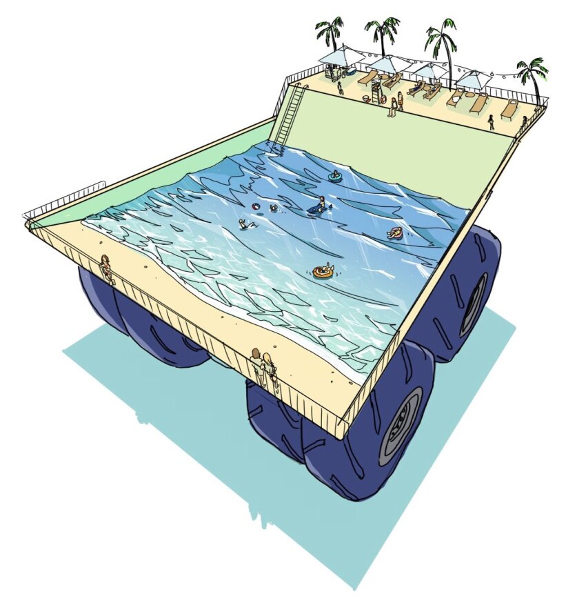 959, beach, beach_chair, chair, dump_truck, haul_truck, highres, innertube, lifeguard, lifeguard_chair, motor_vehicle, original, palm_tree, people, shadow, simple_background, sitting, swim_ring, swimming, tree, truck, umbrella, vehicle_focus, wheel, white_background