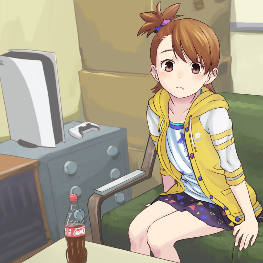 1girl, arms_at_sides, blush, bottomless, brown_eyes, brown_hair, closed_mouth, cola