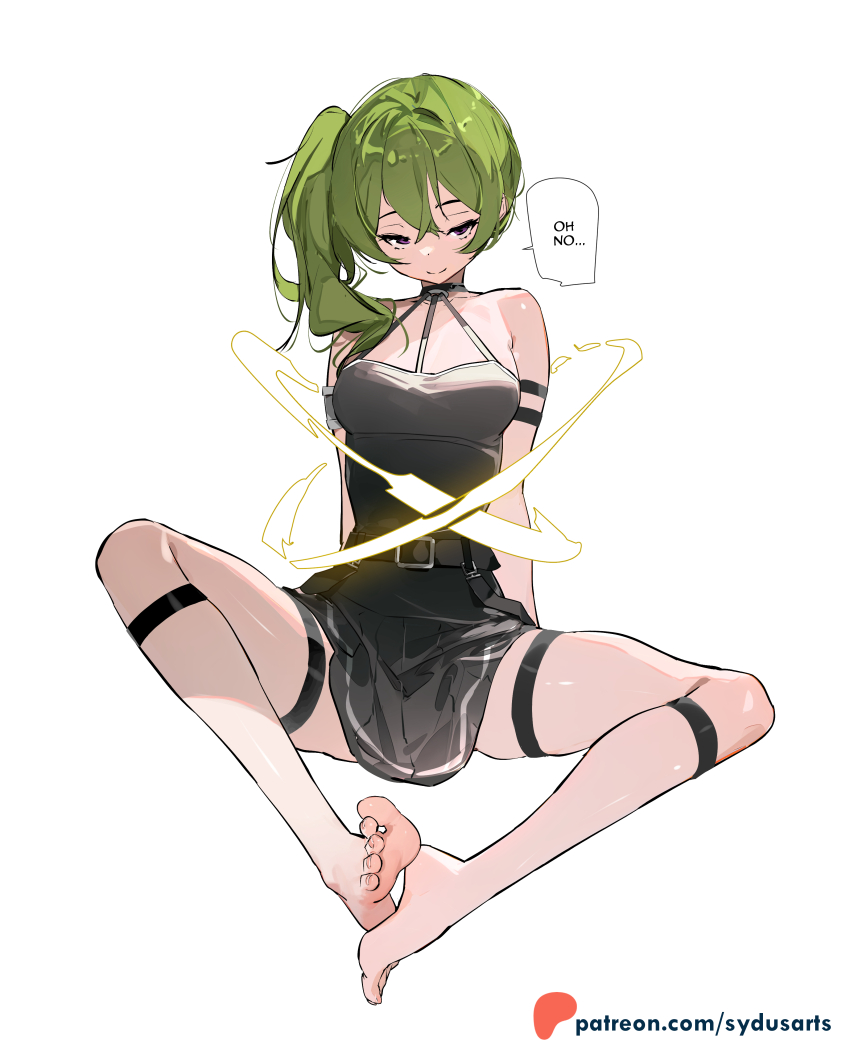 1girl, absurdres, bare_shoulders, barefoot, black_dress, captured, commentary, dress, english_commentary, english_text, green_hair, highres, long_hair, looking_at_viewer, patreon_username, purple_eyes, shin_strap, side_ponytail, simple_background, sleeveless, sleeveless_dress, smile, solo, sorganeil, sousou_no_frieren, speech_bubble, sydus, thigh_strap, ubel_(sousou_no_frieren), white_background