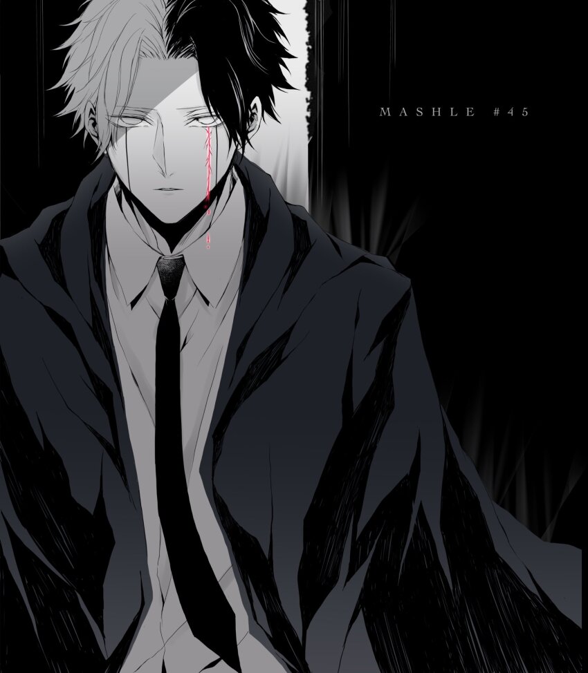 1boy, black_robe, collared_shirt, facial_mark, highres, mashle, monochrome, multicolored_hair