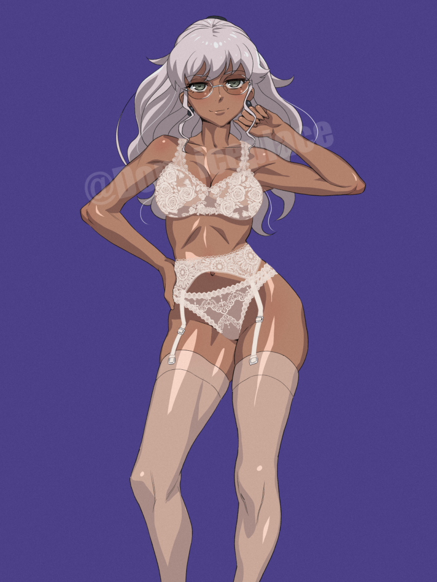 bra, breasts, cleavage, collarbone, contrapposto, dark_skin, don_(rg06268), earrings, garter_belt, garter_straps, glasses, green_eyes, highres, jewelry, jitome, long_hair, metallic_rouge, naomi_orthmann, navel, panties, purple_background, smile, tan, thighhighs, underwear, watermark, white_bra, white_garter_belt, white_garter_straps, white_panties, white_thighhighs
