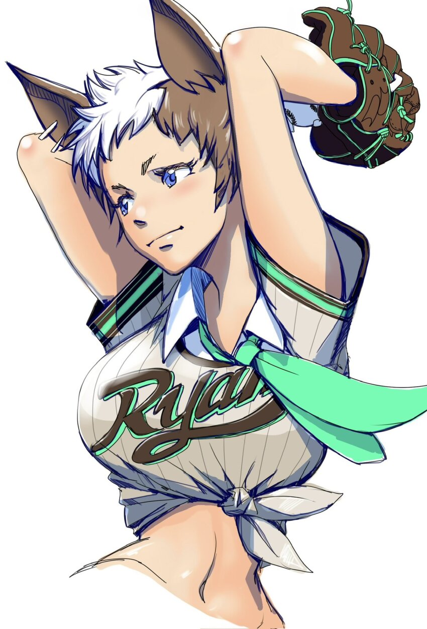 1girl, 959, animal_ears, baseball_glove, baseball_jersey, blue_eyes, blush, breasts, brown_hair, collared_shirt, ear_piercing, green_necktie, grey_shirt, highres, horse_ears, horse_girl, jersey, large_breasts, mejiro_ryan_(umamusume), midriff, multicolored_hair, navel, necktie, piercing, pitching, shirt, short_hair, simple_background, smile, solo, streaked_hair, tied_shirt, umamusume, upper_body, white_background, white_shirt