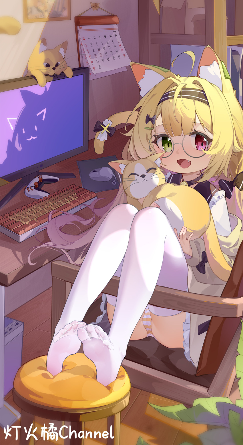 1girl, ahoge, animal_ears, blonde_hair, bow, calendar_(object), cameltoe, cat, cat_ears, cat_girl, cat_on_chest, chair, computer, computer_keyboard, computer_mouse, controller, desk, fang, feet, feet_on_chair, feet_together, foot_focus, glasses, green_eyes, hair_bow, headband, heterochromia, highres, indoors, legs, loli, long_hair, looking_at_viewer, ningmeng_jing_jing_jing_jing, no_shoes, on_chair, open_mouth, panties, picture_frame, red_eyes, sitting, smile, soles, solo, stool, striped_clothes, striped_panties, tail, thighhighs, thighs, toes, underwear, unworn_footwear, upskirt, white_thighhighs