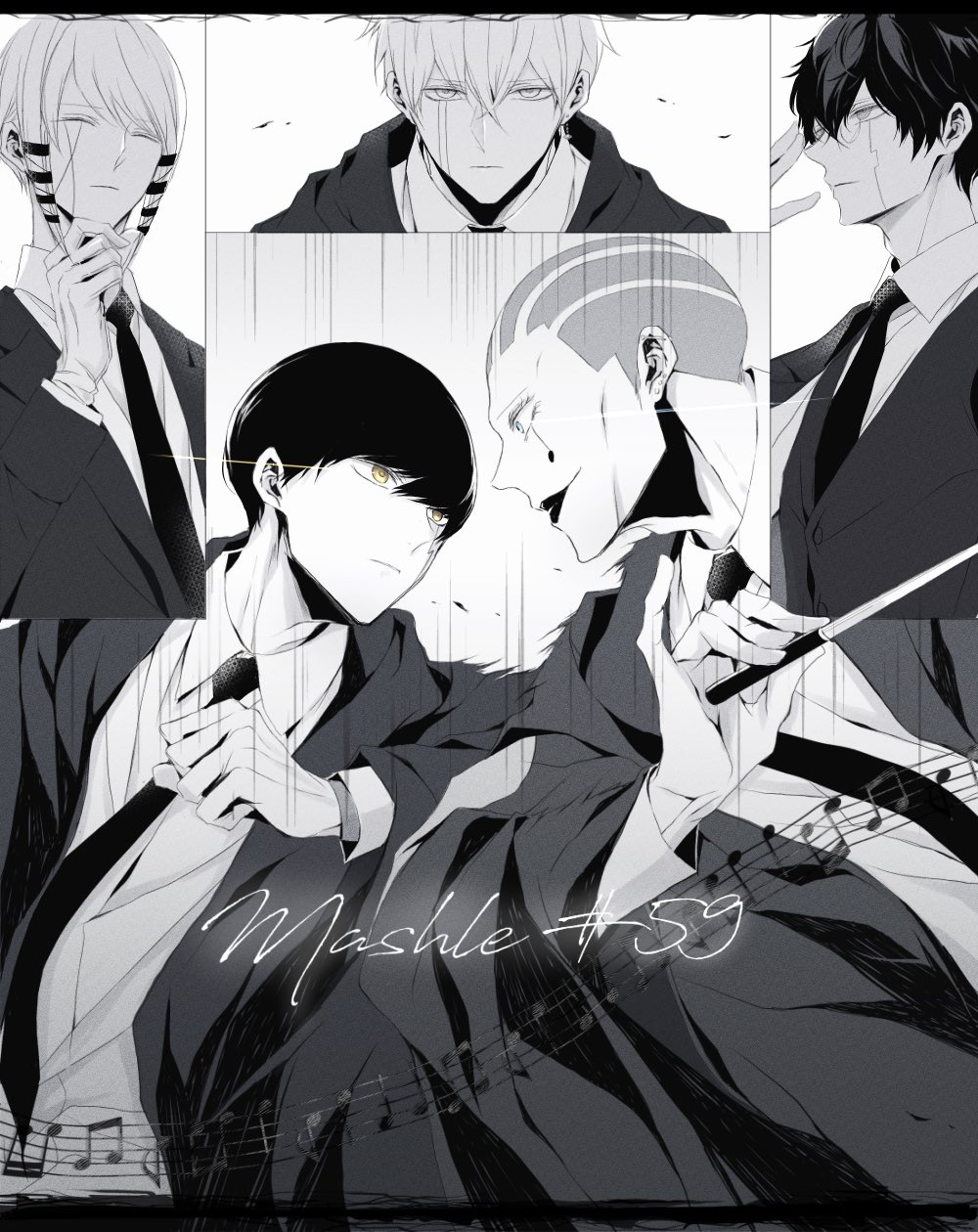 5boys, black_hair, black_robe, collared_shirt, facial_mark, glasses, highres, kaldo_gehenna