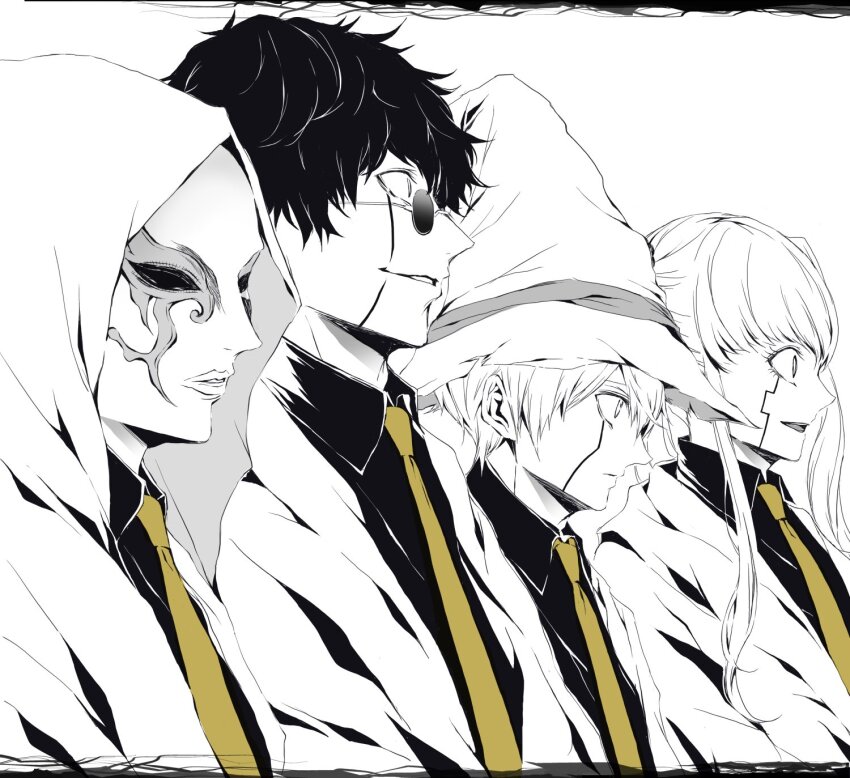 1girl, 3boys, abyss_razor, black_hair, collared_shirt, facial_mark, glasses, hair_between_eyes