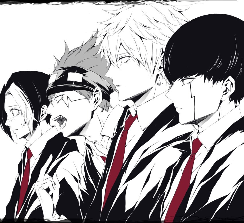 4boys, black_robe, collared_shirt, daut_barret, facial_mark, finn_ames, headband, highres