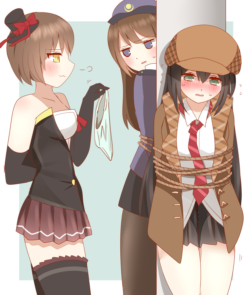 3girls, :3, absurdres, black_footwear, black_gloves, black_hair, black_hat, black_skirt