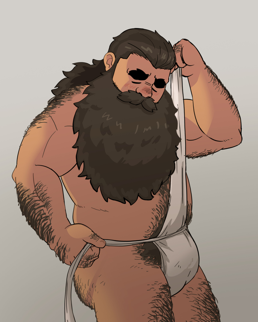 1boy, =_=, absurdres, bara, beard, blush, brown_hair, bulge