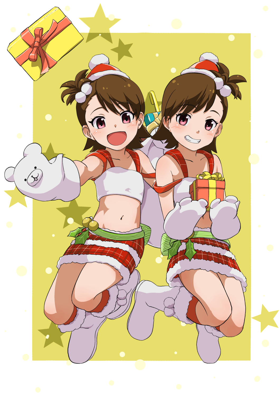 2girls, :d, alternate_costume, bare_shoulders, blush, boots, border, box