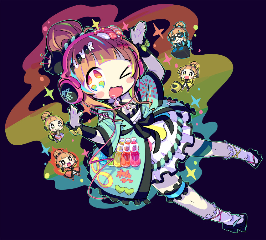 >_o, +_+, 5girls, :3, black_background, blue_jacket, blush_stickers, bowl, brown_hair, camellia_(musician), chibi, chibi_inset, chopsticks, commentary_request, criss-cross_halter, dress, drooling, drum, drumsticks, eating, fiery_aura, food, food-themed_hair_ornament, full_body, geta, green_jacket, grin, hachimaki, hair_bun, hair_ornament, halter_dress, halterneck, hands_up, happi, headband, headphones, highres, holding, holding_bowl, holding_chopsticks, holding_drumsticks, indie_utaite, instrument, jacket, japanese_clothes, juice, kneehighs, looking_at_viewer, mamimu_(ma-mi-mu.me), movin6!, multicolored_eyes, multiple_girls, multiple_persona, nanahira, nejiri_hachimaki, noodles, one_eye_closed, open_mouth, phonograph, plastic_bottle, rainbow_aura, rainbow_eyes, ramen, red_jacket, saliva, short_dress, single_hair_bun, slurping_(food), smile, socks, sunglasses, sushi, taiko_drum, taiko_sticks, text_hair_ornament, thigh_strap, turntable, white_dress, white_socks, wrist_cuffs, yellow_jacket