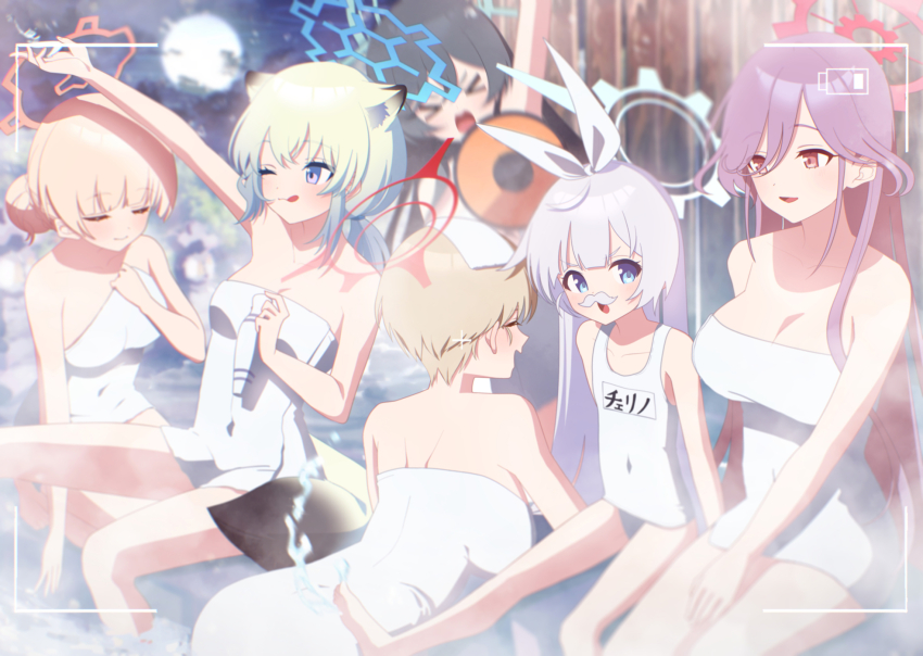 6+girls, animal_ears, bare_arms, bare_legs, bare_shoulders, black_hair, blonde_hair, blue_archive