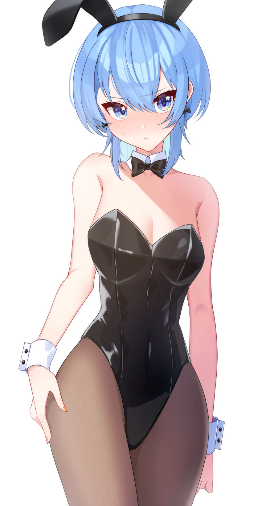 1girl, absurdres, alternate_costume, animal_ears, black_bow, black_bowtie, black_leotard, black_pantyhose, blue_eyes, blue_hair, blush, bow, bow_earrings, bowtie, breasts, cleavage, collar, detached_collar, earrings, fake_animal_ears, highres, hololive, hoshimachi_suisei, jewelry, leotard, looking_at_viewer, medium_hair, pantyhose, playboy_bunny, rabbit_ears, small_breasts, solo, star_(symbol), star_in_eye, strapless, strapless_leotard, symbol_in_eye, tsumurimai, virtual_youtuber, white_background, white_collar, white_wrist_cuffs, wrist_cuffs