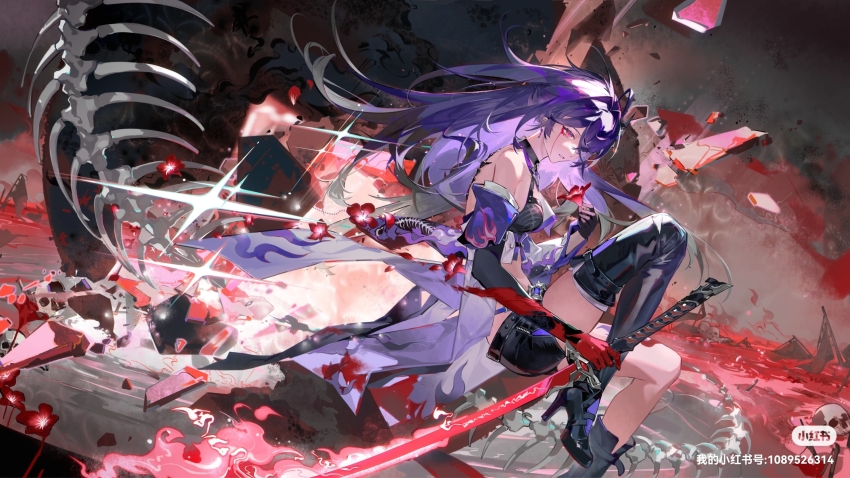 1girl, acheron_(honkai:_star_rail), asymmetrical_footwear, black_choker, black_gloves, black_shorts, blood, bloody_tears