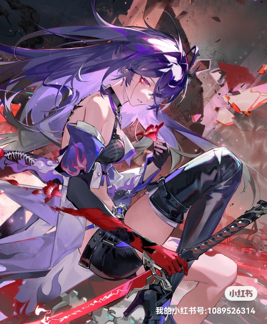 1girl, acheron_(honkai:_star_rail), asymmetrical_footwear, black_choker, black_gloves, black_shorts, blood, bloody_tears