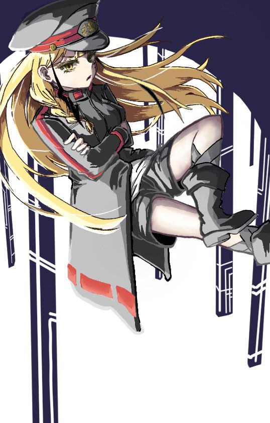 111nnmi111, 1girl, black_boots, black_coat, black_hair, black_hat, black_shorts, blonde_hair, blue_background, boots, braid, breasts, coat, commentary, crossed_arms, crossed_legs, eyelashes, facial_mark, figure_four_sitting, floating, floating_hair, hat, igari_heiichi, long_hair, long_sleeves, looking_ahead, multicolored_hair, nue_no_onmyouji, parted_lips, peaked_cap, shirt, shorts, side_braid, sitting, solo, streaked_hair, thighs, two-tone_hair, white_background, white_shirt, yellow_eyes