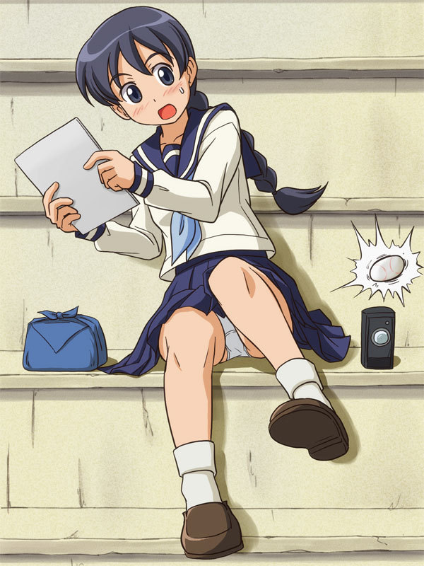 baseball, blue_eyes, blue_hair, blush, braid, camera, lielos, long_hair, notebook, open_mouth, owari_noriko, panties, pantyshot, school_uniform, serafuku, single_braid, solo, sweatdrop, taishou_yakyuu_musume, underwear, white_panties