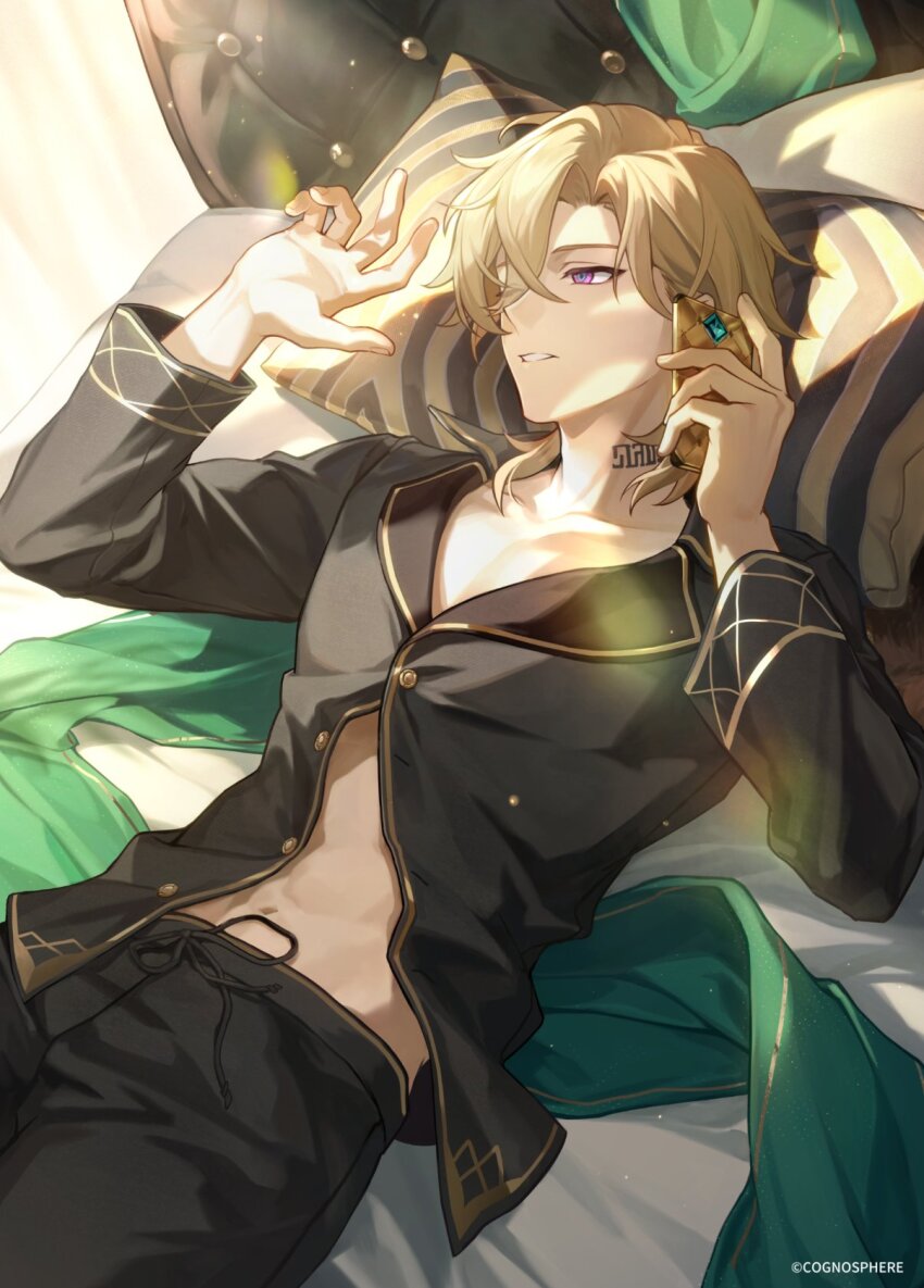 1boy, aventurine_(anan)_(honkai:_star_rail), aventurine_(honkai:_star_rail), bed, black_pajamas, blonde_hair, cellphone, collarbone