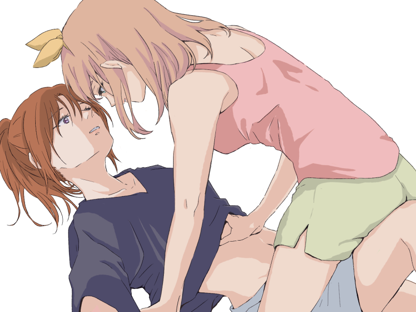 2girls, black_shirt, blue_eyes, brown_hair, clothes_lift, commentary_request, curryisfriend, girl_on_top