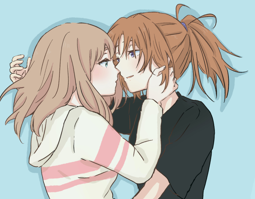 2girls, black_shirt, blue_background, blue_eyes, brown_hair, closed_mouth, commentary_request, curryisfriend