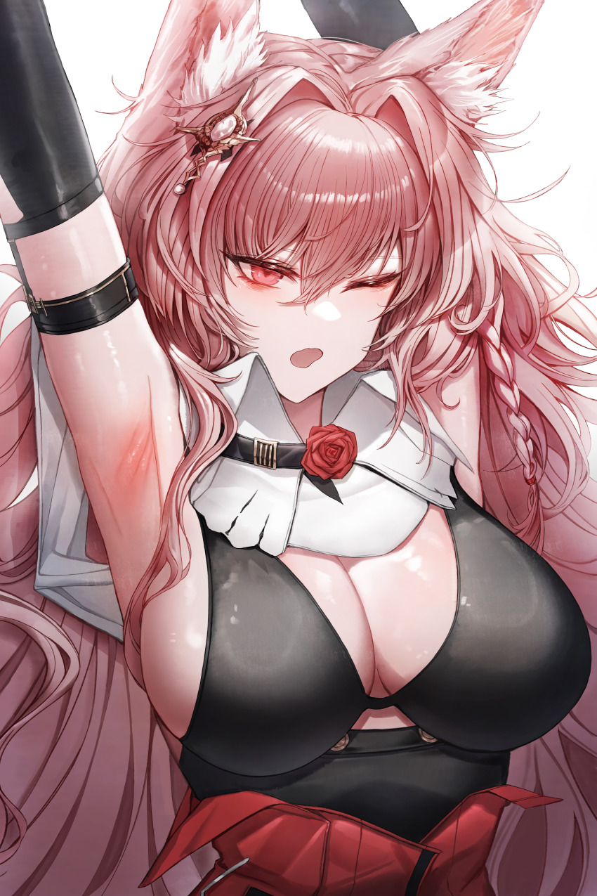 1girl, absurdres, animal_ears, arknights, armpits, arms_up, black_bra, bra