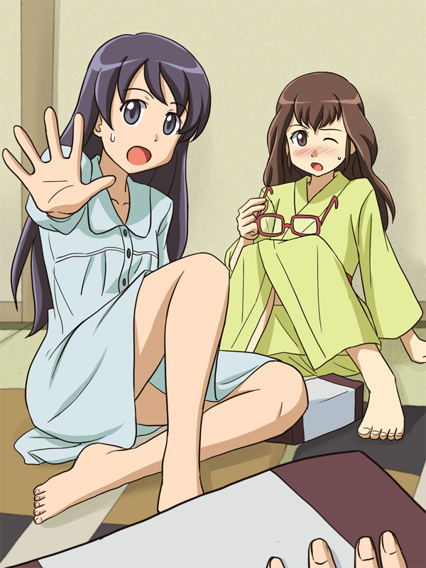 barefoot, blush, feet, glasses, hair_down, japanese_clothes, kawashima_noe, lielos, open_mouth, outstretched_hand, owari_noriko, sweatdrop, taishou_yakyuu_musume, unbraided, wink