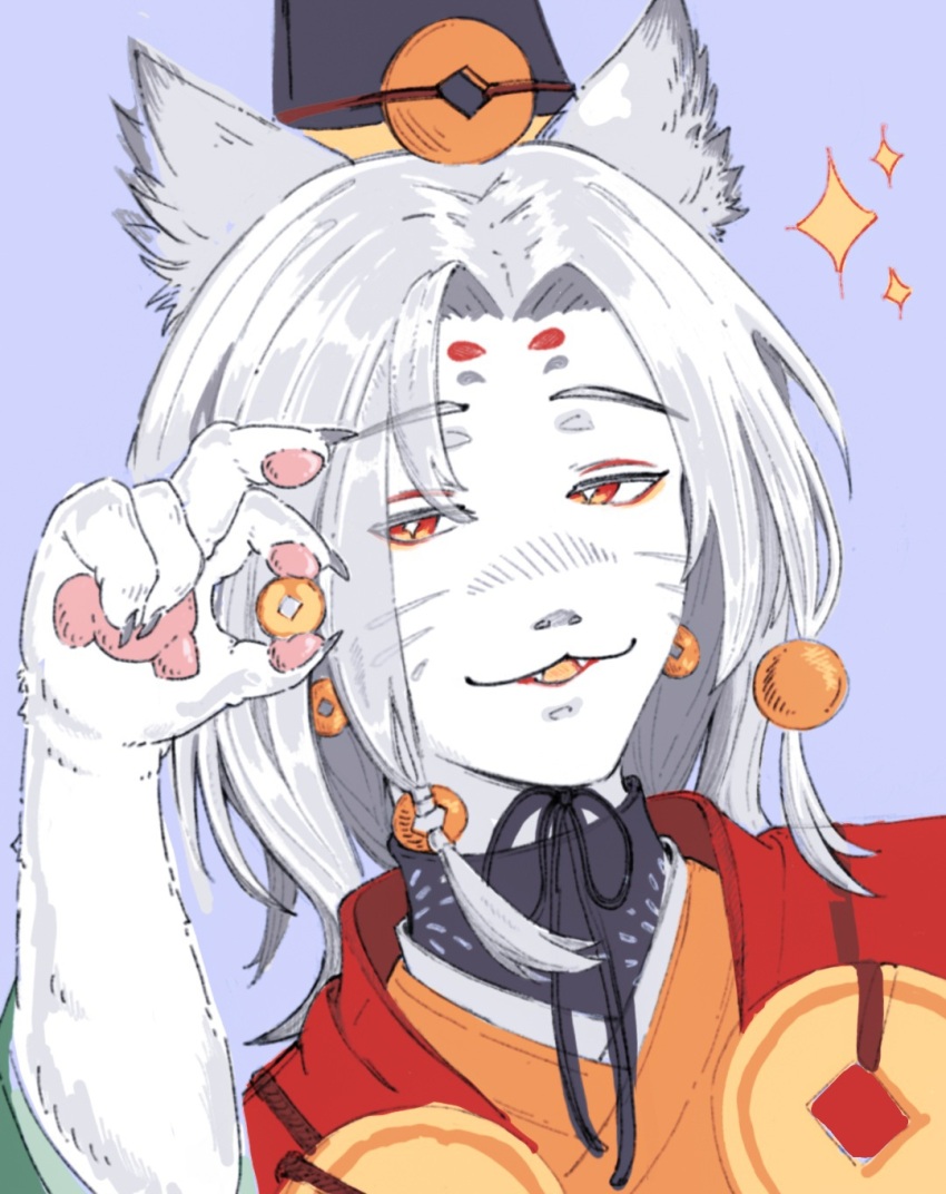 1boy, animal, black_hat, claws, colored_tongue, drawfag, earrings, ebisu_(onmyoji), facial_mark, fangs, furry, furry_male, hair_bobbles, hair_ornament, hat, highres, holding, japanese_clothes, jewelry, looking_at_viewer, male_focus, nostrils, onmyoji, orange_eyes, orange_tongue, pawpads, portrait, purple_background, sparkle, whisker_markings