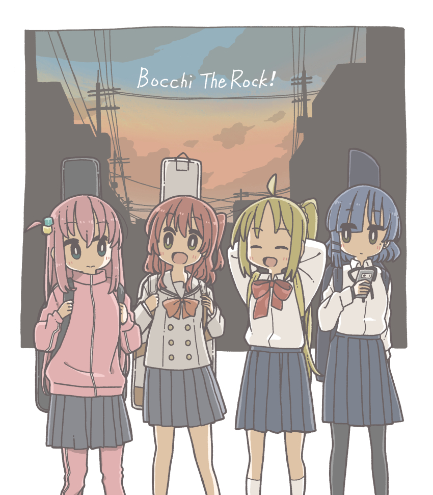 4girls, ahoge, black_pantyhose, blonde_hair, blue_hair, blush, bocchi_the_rock!, cellphone