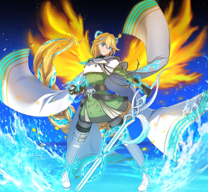 absurdres, belt, blonde_hair, blue_bow, blue_eyes, boots, bow, braid