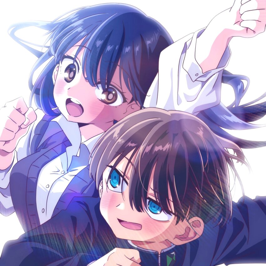 1boy, 1girl, arm_up, blue_eyes, boku_no_kokoro_no_yabai_yatsu, brown_hair, clenched_hands, gakuran