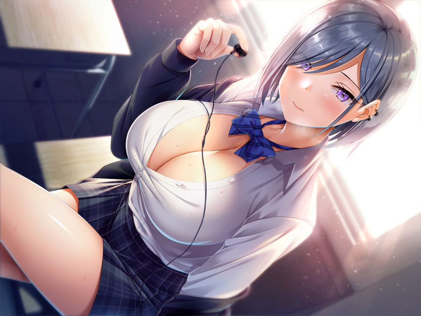 1girl, black_hair, black_skirt, blue_bow, blue_bowtie, blush, bow, bowtie, breasts, bush, chair, cleavage, closed_mouth, collared_shirt, crossed_legs, desk, earbuds, earphones, hair_over_one_eye, highres, holding, large_breasts, long_sleeves, looking_at_viewer, non-web_source, on_desk, open_clothes, open_shirt, original, plaid_clothes, plaid_skirt, pleated_skirt, purple_eyes, removing_earbuds, school_chair, school_desk, school_uniform, shirt, sitting, skirt, solo, sunlight, super_nagoyaka, white_shirt, window