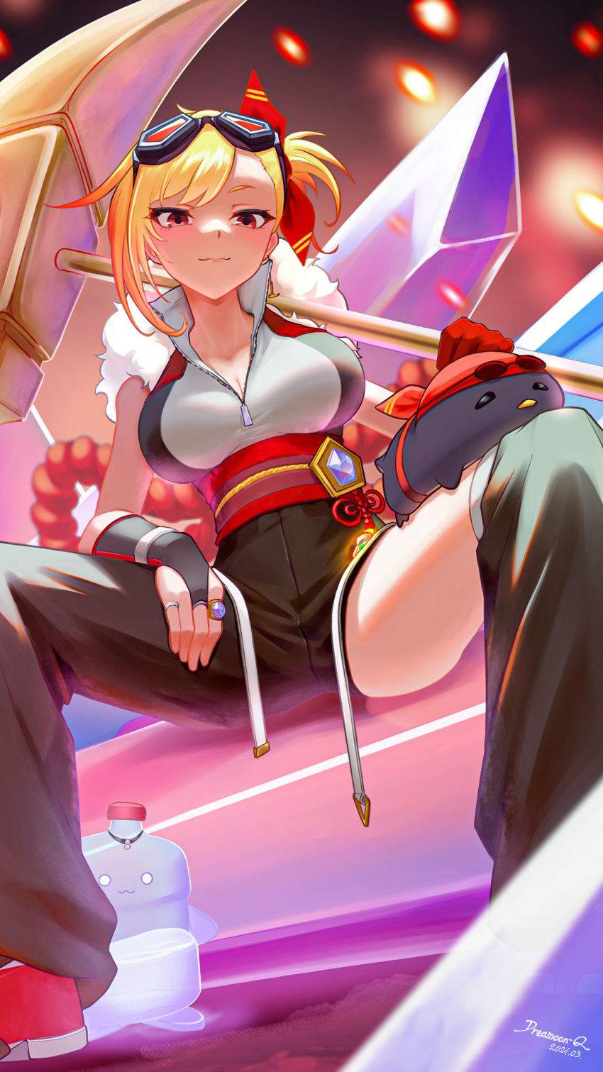 absurdres, alternate_costume, artist_name, black_gloves, black_pants, black_shirt, blonde_hair, breasts