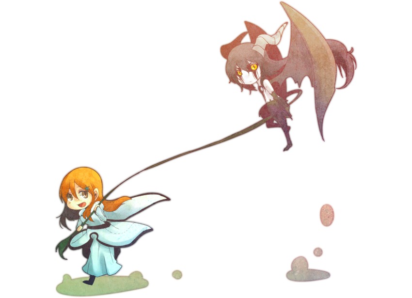 1boy, 1girl, arrancar, bleach, chibi, highres, human_kite, inoue_orihime, resurreccion, resurreccion:_segunda_etapa, smile, ulquiorra_cifer, yougirasu