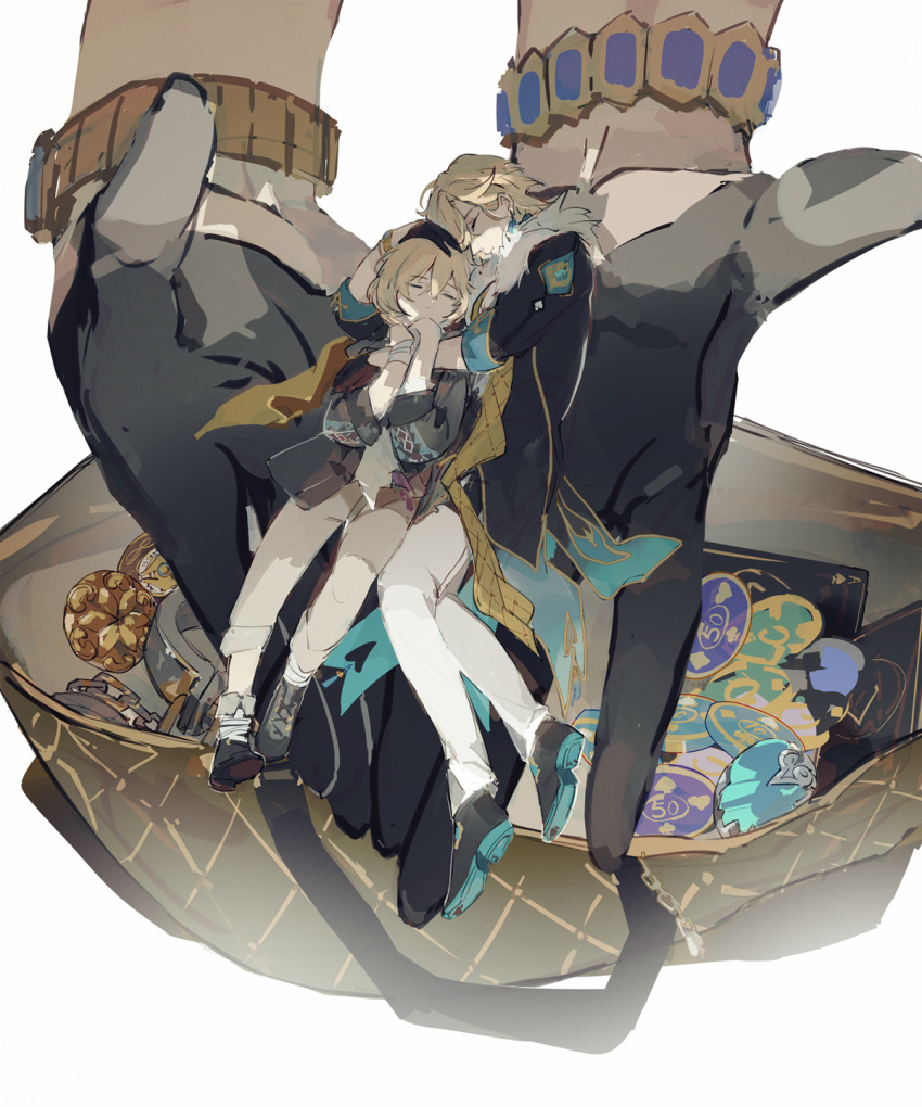 aged_down, aventurine_(honkai:_star_rail), black_footwear, black_gloves, black_jacket, blonde_hair, bracelet, closed_eyes