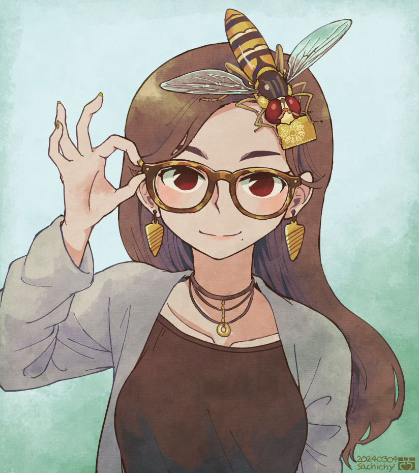 1girl, adjusting_eyewear, aizawa_sachi, bee, blush, brown-framed_eyewear, brown_eyes, brown_hair, bug, closed_mouth, collarbone, earrings, floating_earrings, fly, glasses, hoverfly, insect, jewelry, long_hair, looking_at_viewer, mole, mole_under_mouth, necklace, original, smile, solo, upper_body