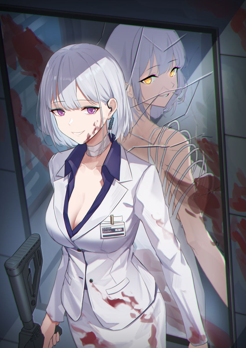 1girl, absurdres, bandaged_neck, bandages, blood, blood_on_clothes, blood_on_face, blood_on_mirror