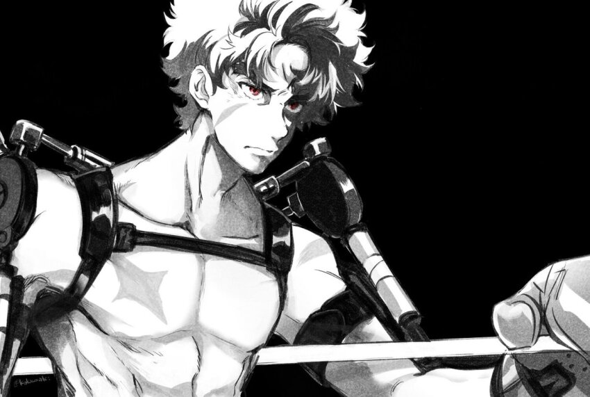 >:(, 1boy, black_background, boxing_gloves, boxing_ring, curly_hair, exoskeleton, gear_(megalo_box), greyscale, joe_(megalo_box), kakkoaki, male_focus, megalobox, monochrome, scar, scar_on_arm, scar_on_face, scars_all_over, short_hair, solo, too_many, topless_male, v-shaped_eyebrows