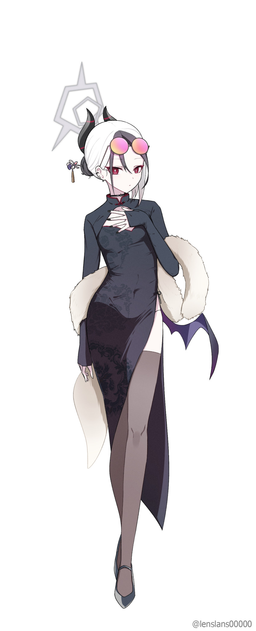 1girl, absurdres, black_dress, black_hair, black_horns, black_nails, black_shoes, black_thighhighs