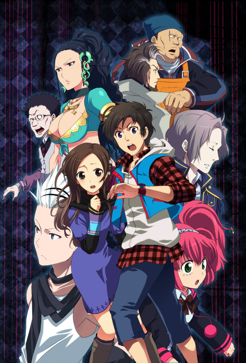 3girls, 6+boys, aro, bandana, black_hair, blind, blue_eyes, boots, breasts, brown_hair, chunsoft, cleavage, everyone, closed_eyes, facial_hair, forehead, formal_clothes, glasses, green_eyes, grey_hair, hair_ornament, highres, huge_breasts, ichimiya_(kyokugen_dasshutsu), jewelry, junpei_(kyokugen_dasshutsu), kneehighs, kyokugen_dasshutsu, kyokugen_dasshutsu:_9_jikan_9_nin_9_no_tobira, large_breasts, multicolored_hair, multiple_boys, multiple_girls, kurashiki_akane, nail_polish, necktie, niels_(kyokugen_dasshutsu), ninth_man_(kyokugen_dasshutsu), overalls, pink_hair, plaid, ponytail, santa_(kyokugen_dasshutsu), scar, seven_(kyokugen_dasshutsu), siblings, socks, suit, surprised, twintails, two-tone_hair, vest, white_hair, yashiro_(kyokugen_dasshutsu), yotsuba_(kyokugen_dasshutsu)